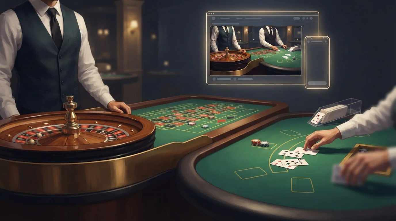 Ilustración editorial genérica de una mesa de ruleta y blackjack con una pantalla de retransmisión en directo sin marcas comerciales