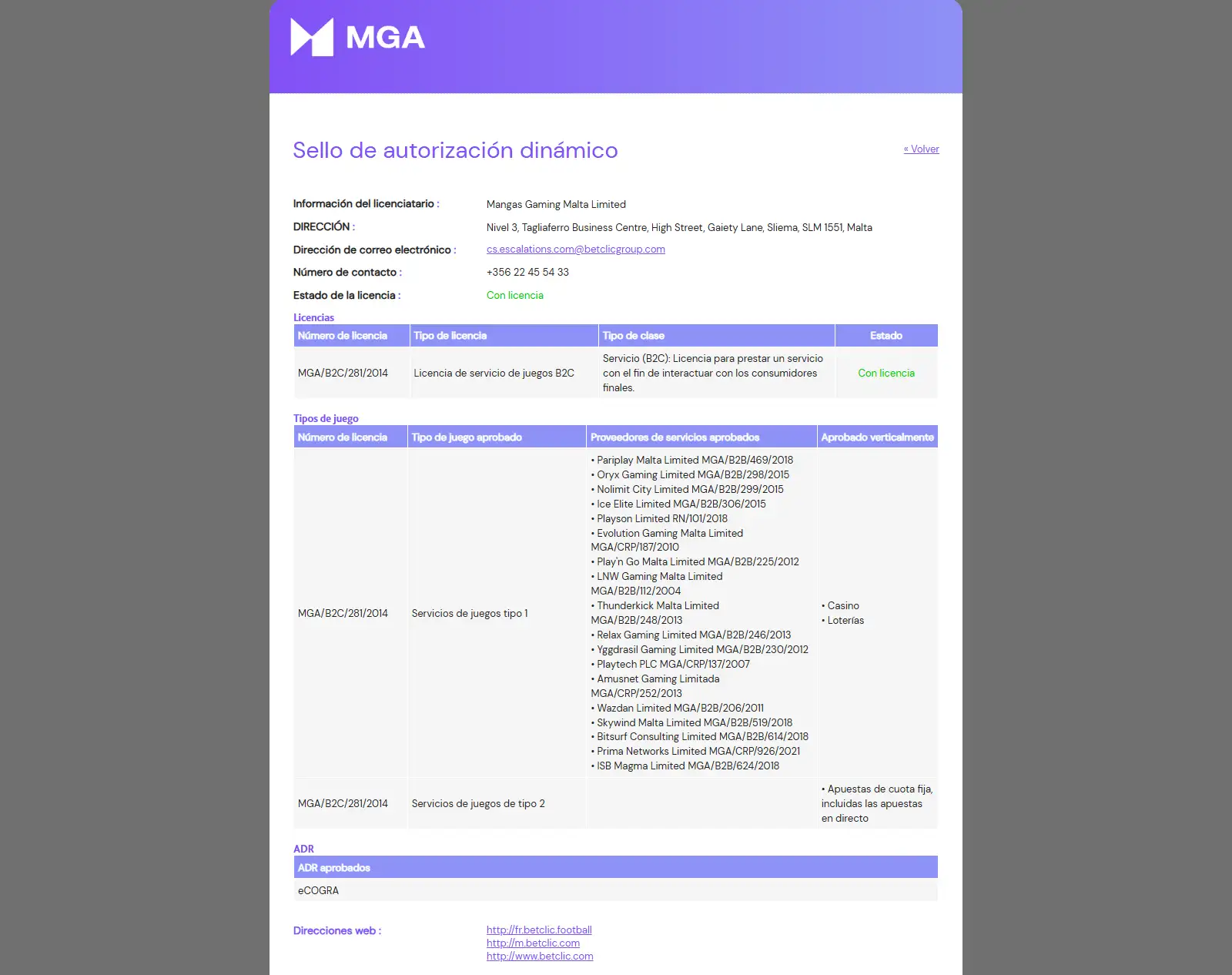 Registro oficial de la Malta Gaming Authority para Mangas Gaming Malta Limited y la licencia MGA/B2C/281/2014