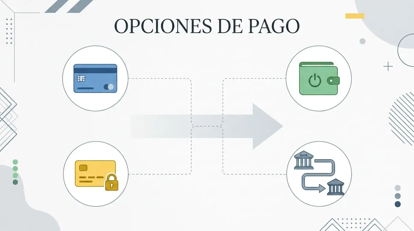 Ilustración editorial de categorías de pago con tarjeta, monedero electrónico, prepago y transferencia bancaria sin logotipos comerciales