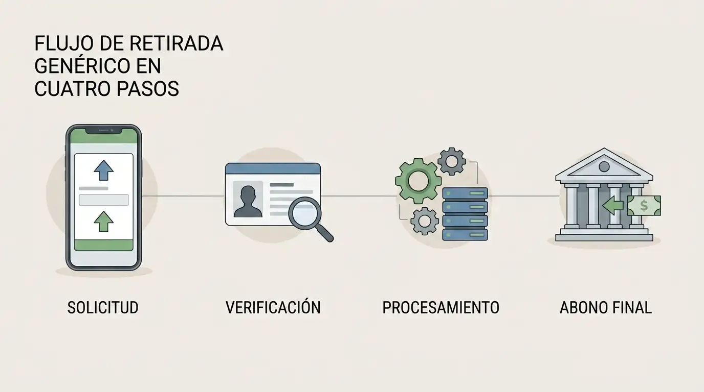 Ilustración editorial de un flujo de retirada con solicitud, verificación, procesamiento y abono final sin cifras ni logotipos
