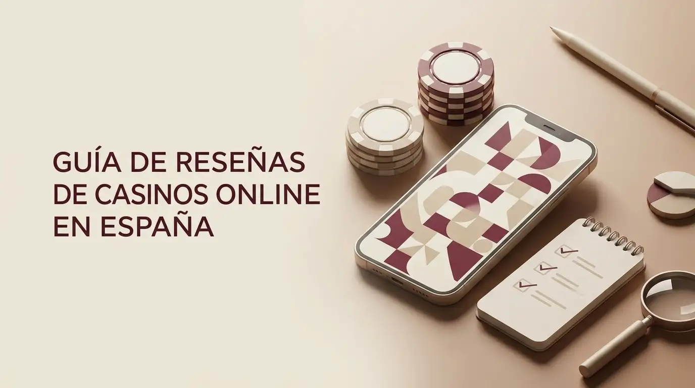 Ilustración editorial de una guía de casino online para España con un móvil y elementos de análisis sin marcas reales